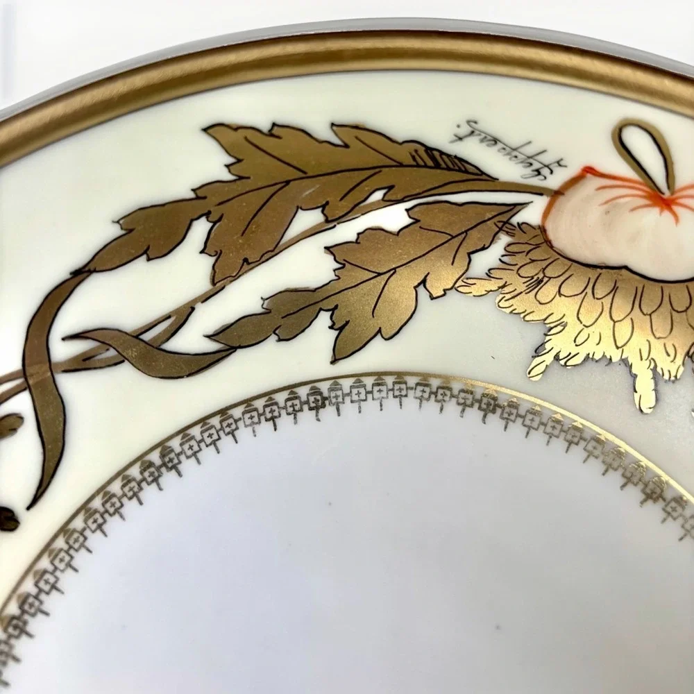 P Donath Prussia Red Griffin Hand  Painted Double Handle Fruit Bowl Gold Signed